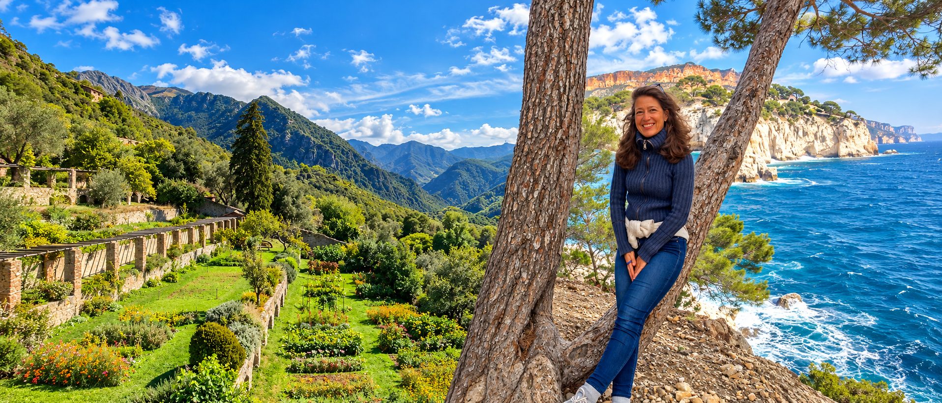 Frau an einen Baum gelehnt &uuml;ber der Steilk&uuml;ste, links Gartenterrassen und Berge, rechts das tiefblaue Meer